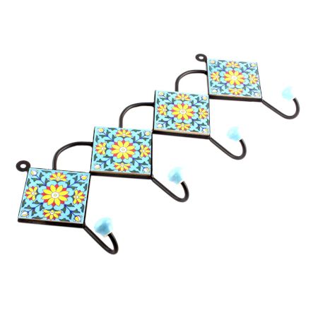 Turquoise And Yellow Ceramic Sunflower Tiles Hooks
